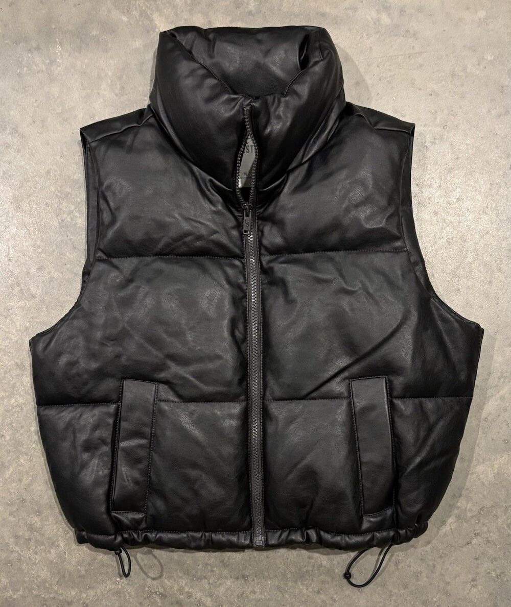 Hollister Black Faux Leather Puffer Vest Women's Medium Full Zip